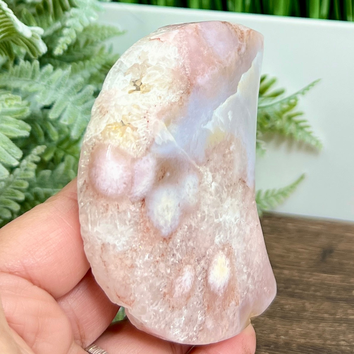 Pink Amethyst Flower Agate Crystal Moon Crescent with Stand 192g