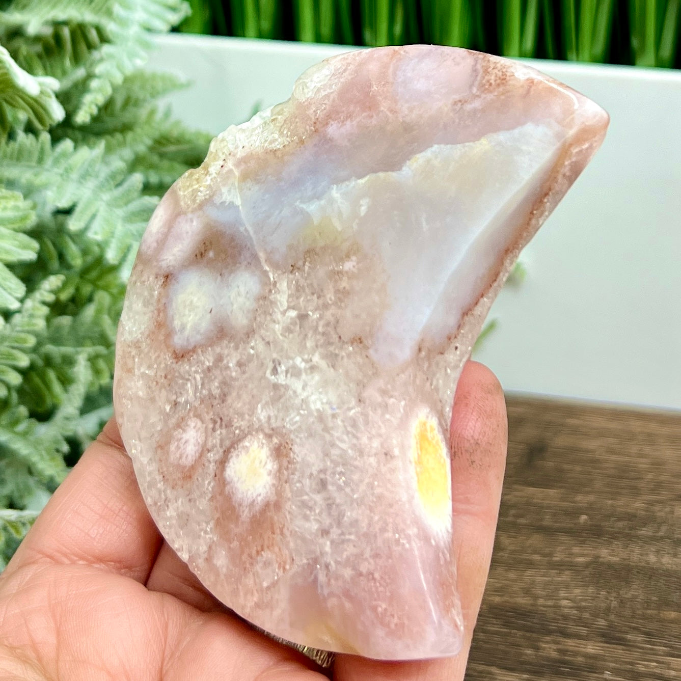 Pink Amethyst Flower Agate Crystal Moon Crescent with Stand 192g