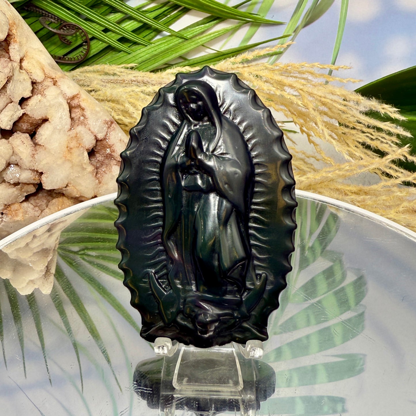 Rainbow Obsidian Mother Holy Virgin Mary Crystal Christian Carving in Stand 67g