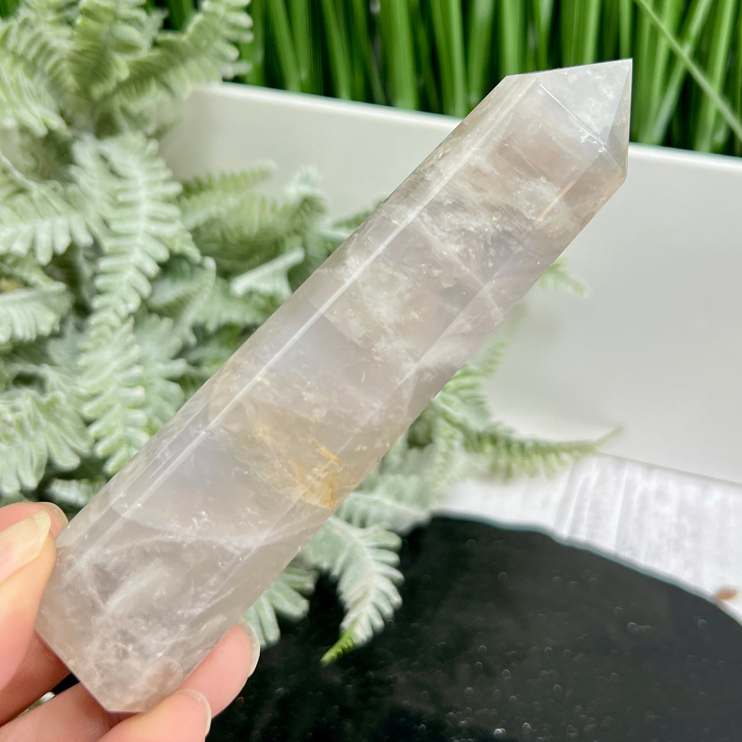 Blue Rose Quartz with Golden Healer Tower Crystal Generator 158g 126mm