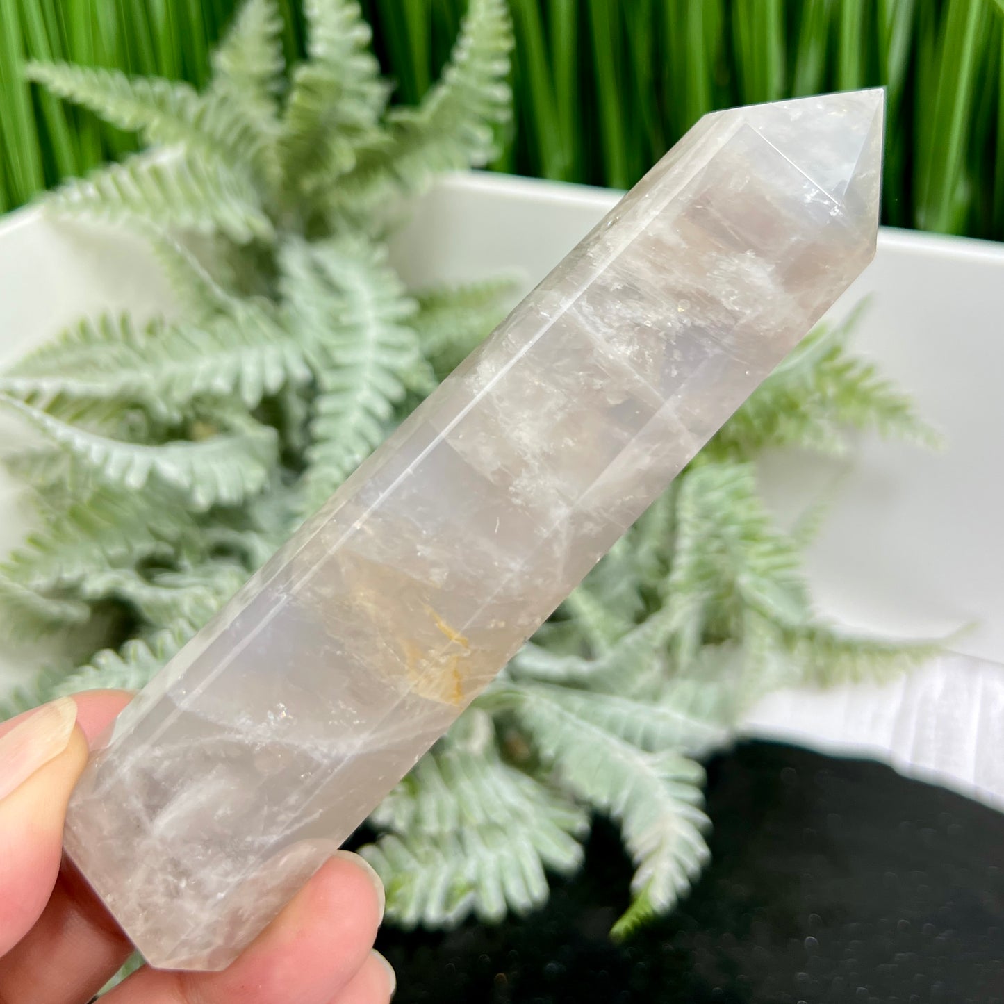 Blue Rose Quartz with Golden Healer Tower Crystal Generator 158g 126mm