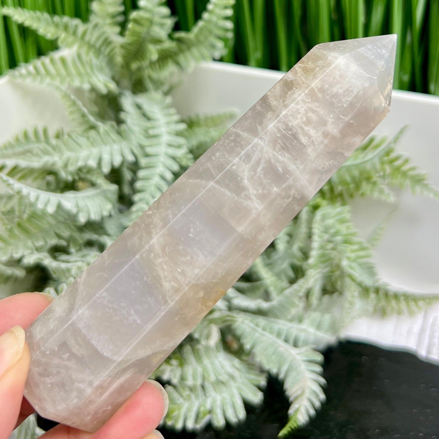 Blue Rose Quartz with Golden Healer Tower Crystal Generator 158g 126mm