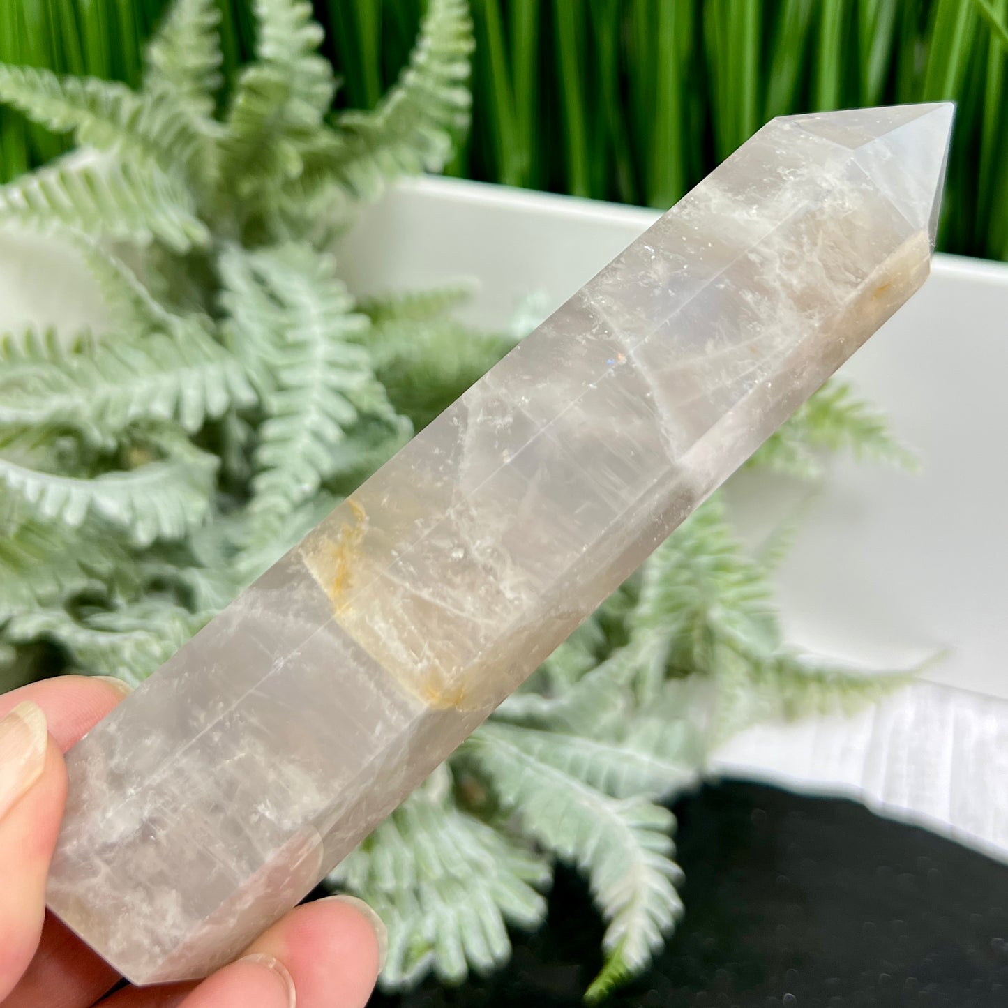 Blue Rose Quartz with Golden Healer Tower Crystal Generator 158g 126mm