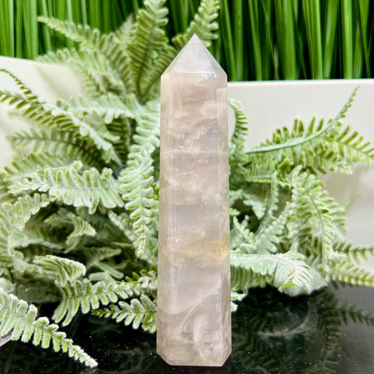 Blue Rose Quartz with Golden Healer Tower Crystal Generator 158g 126mm