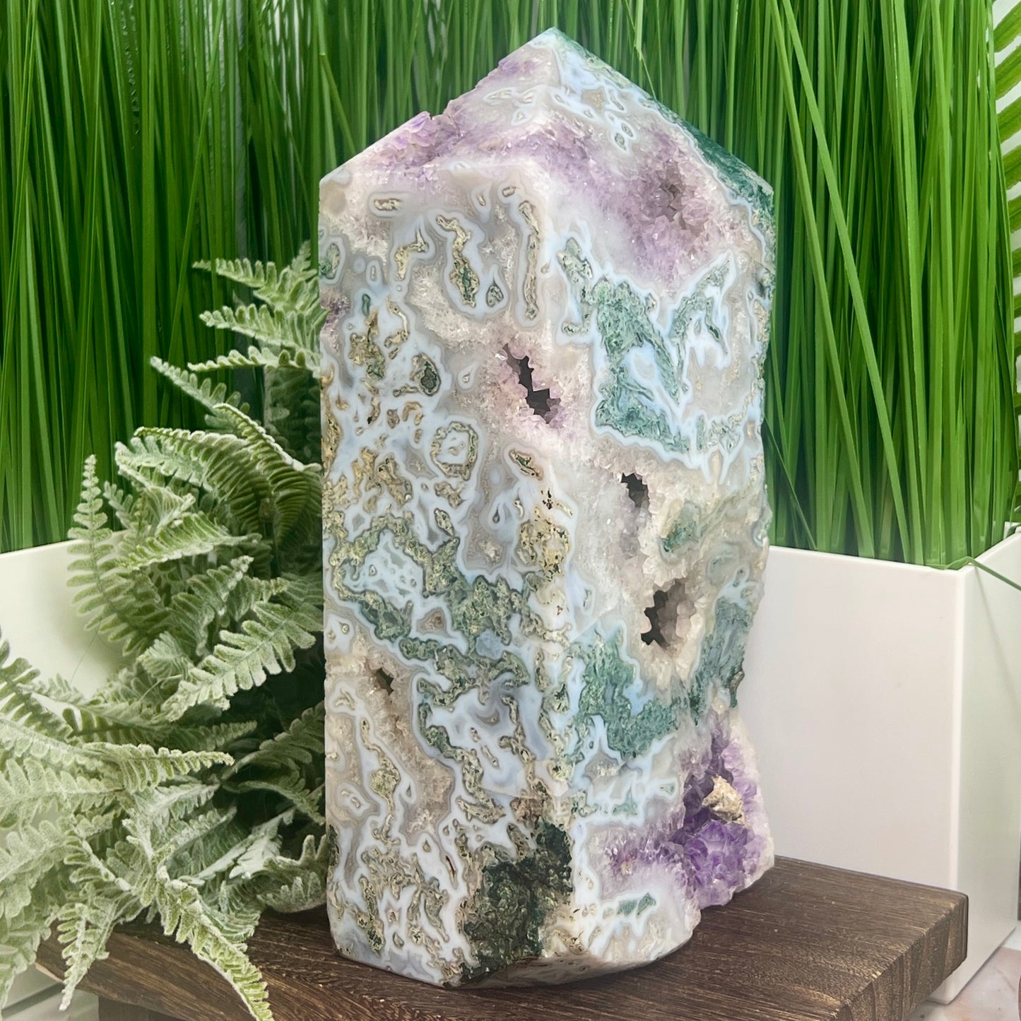 Moss Agate with Amethyst Unique Tower Crystal Generator 4544g 10lbs