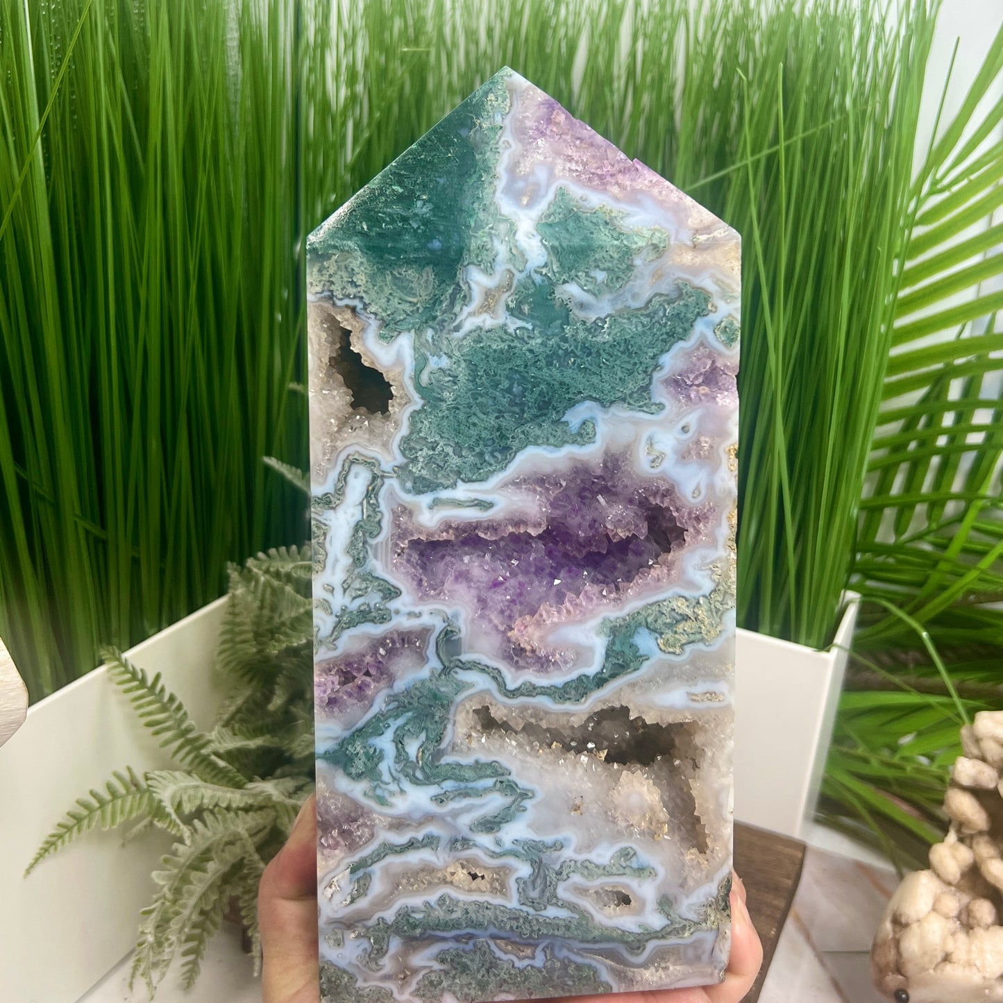 Moss Agate with Amethyst Unique Tower Crystal Generator 4544g 10lbs