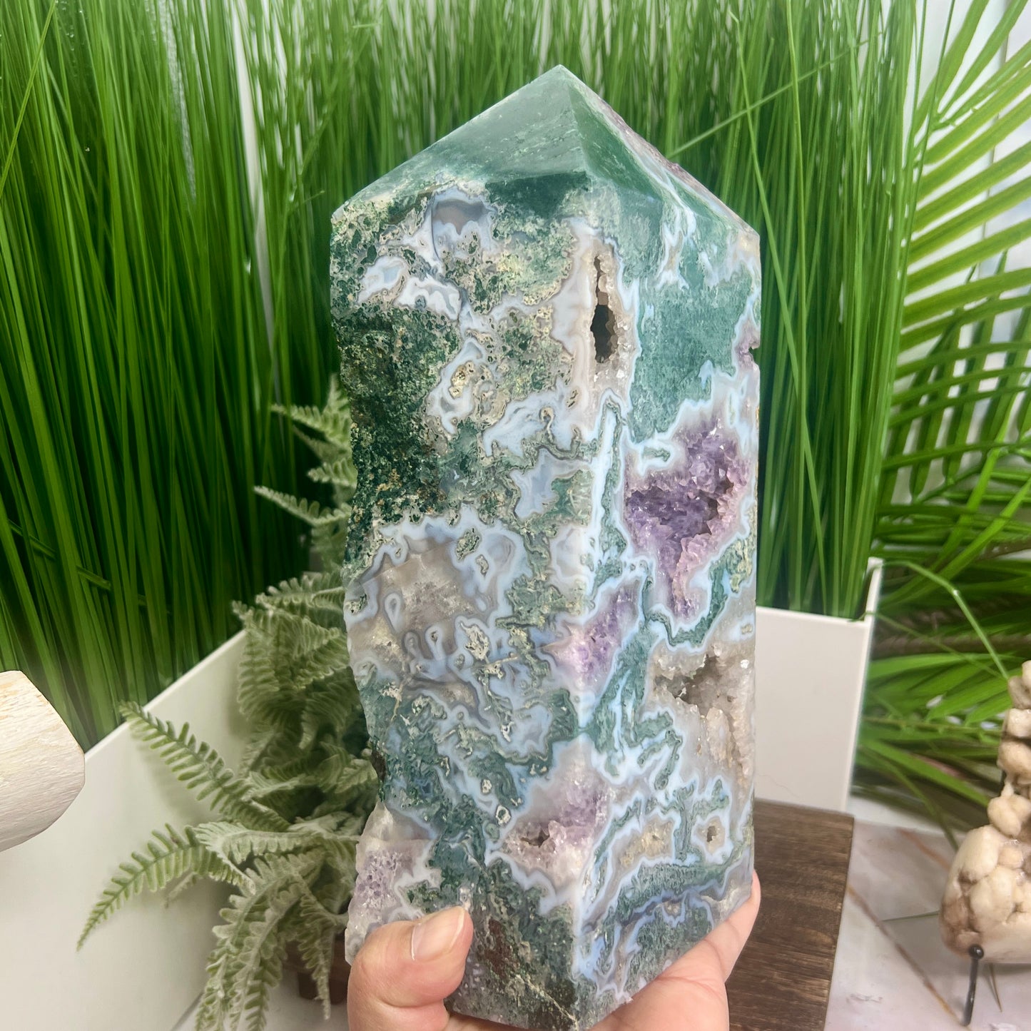 Moss Agate with Amethyst Unique Tower Crystal Generator 4544g 10lbs