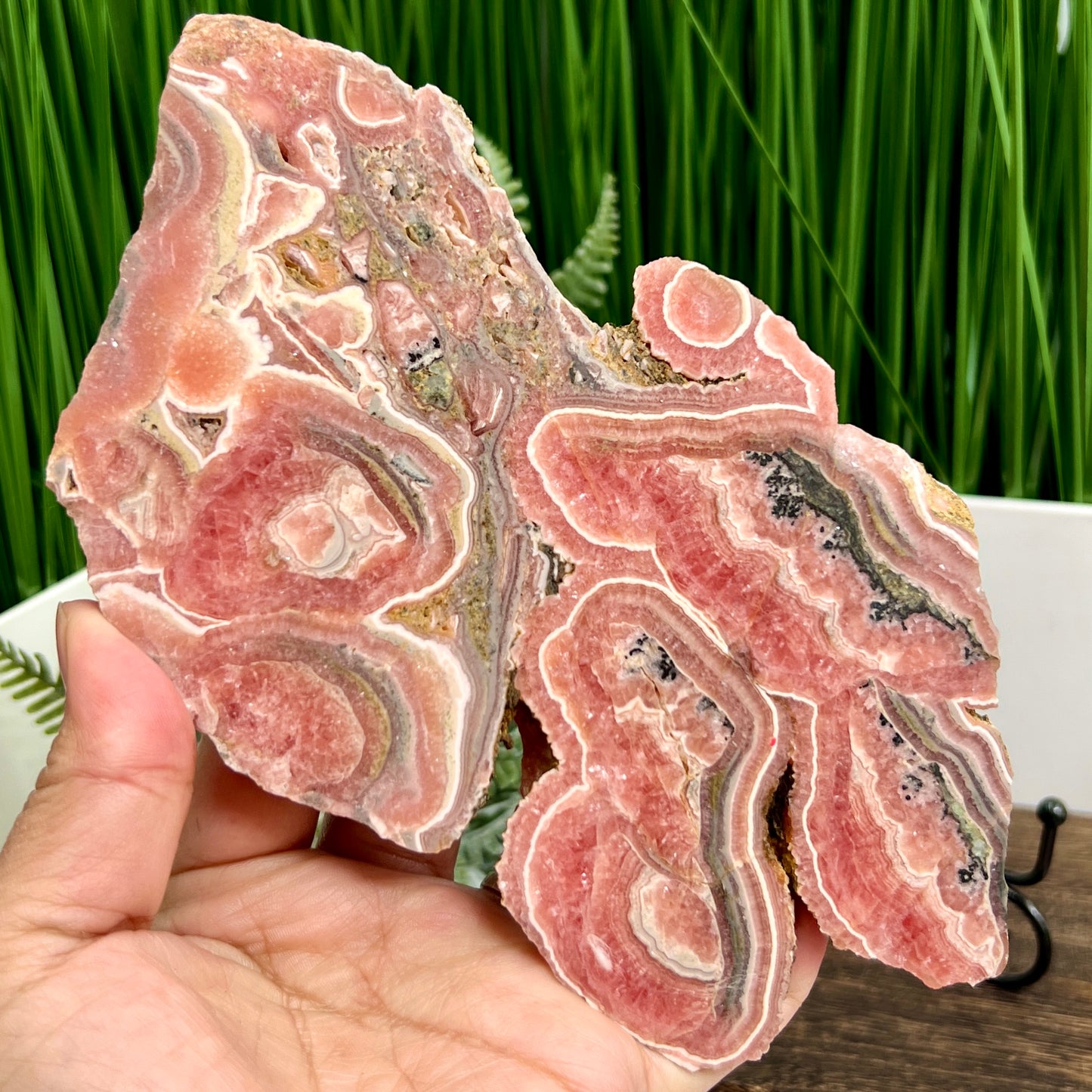 Rhodochrosite With Pyrite Slice Specimen Slab with Stand 580g