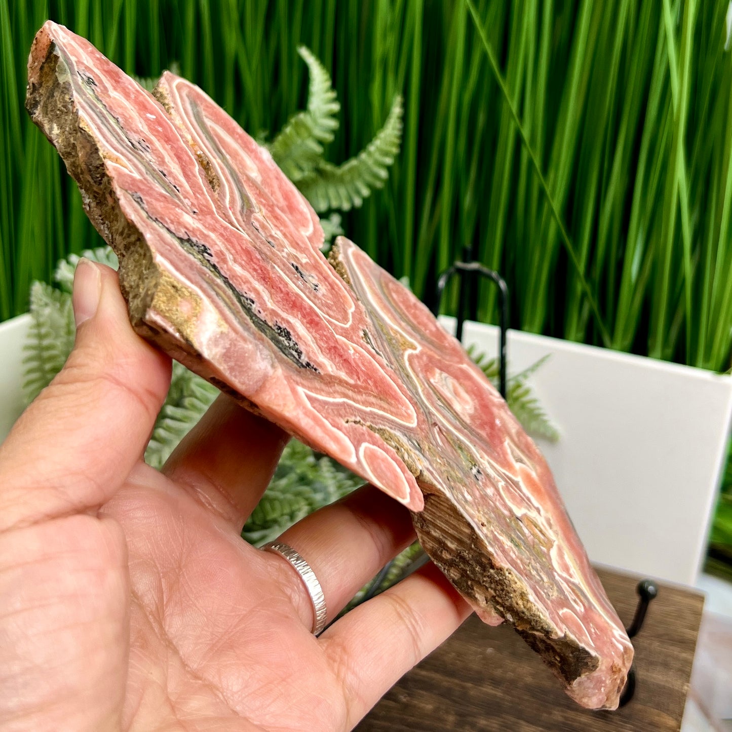 Rhodochrosite With Pyrite Slice Specimen Slab with Stand 580g