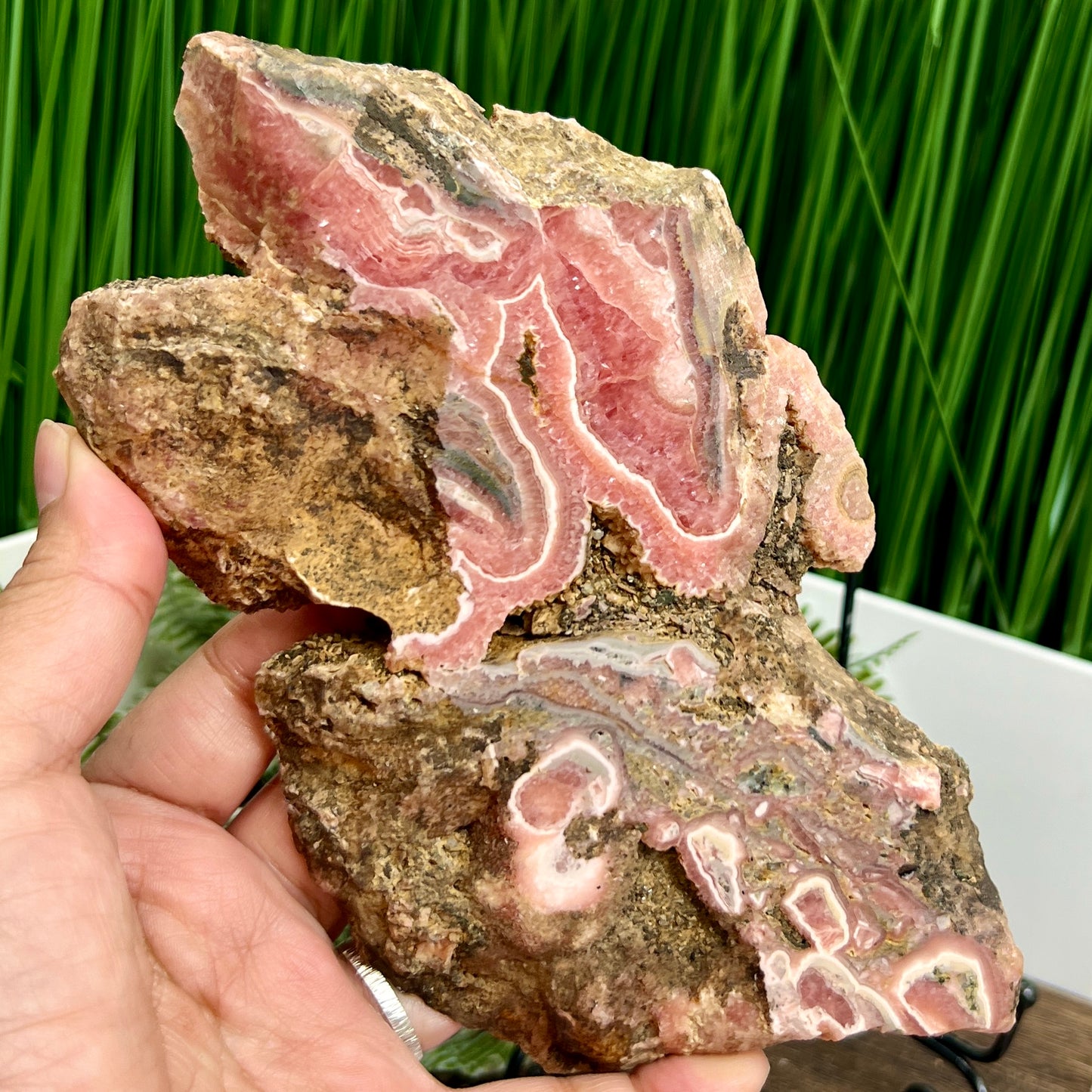 Rhodochrosite With Pyrite Slice Specimen Slab with Stand 580g