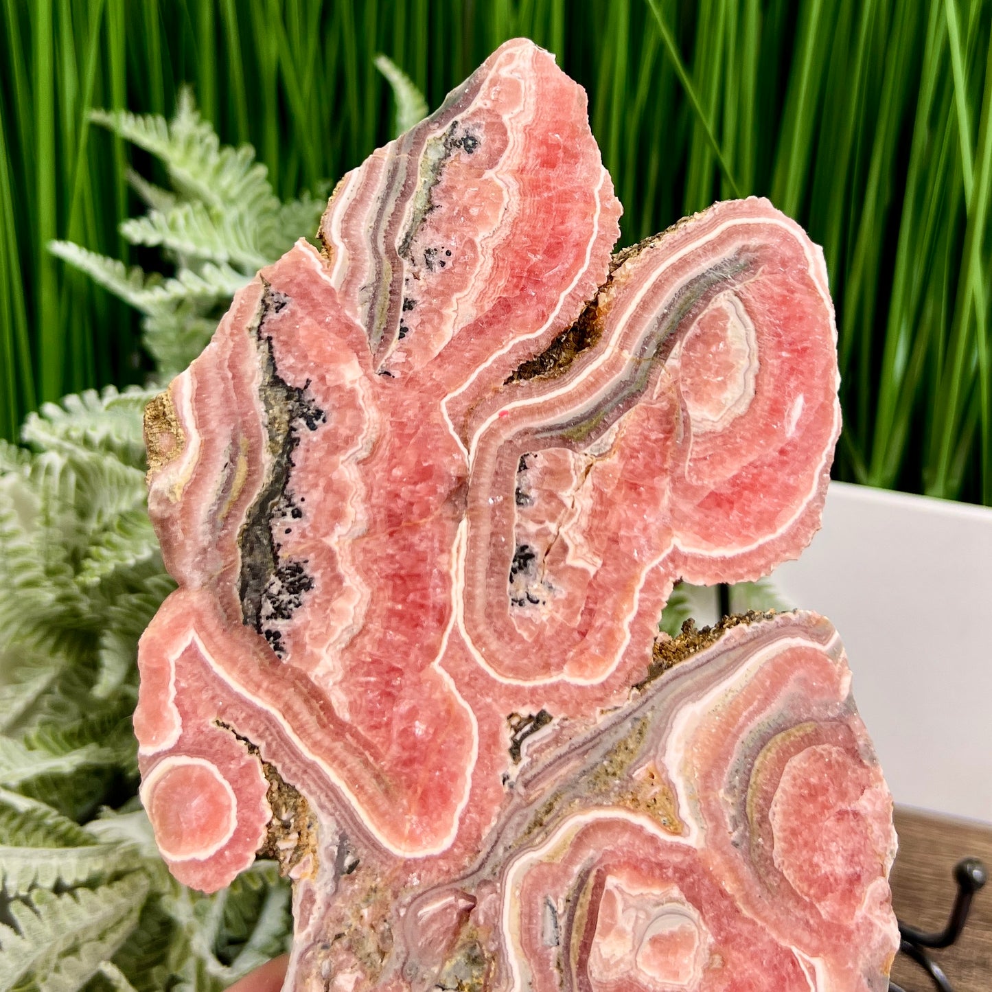 Rhodochrosite With Pyrite Slice Specimen Slab with Stand 580g