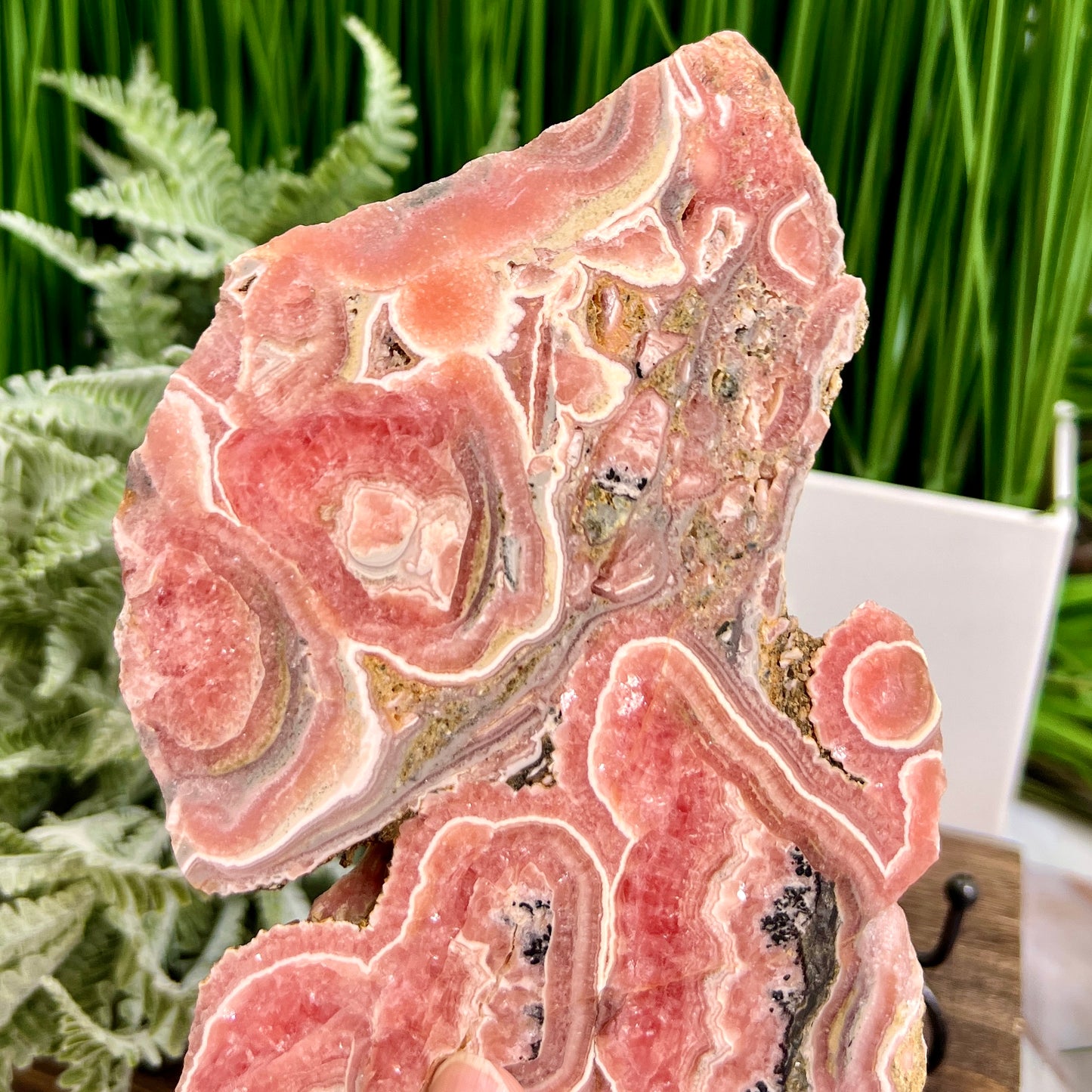 Rhodochrosite With Pyrite Slice Specimen Slab with Stand 580g