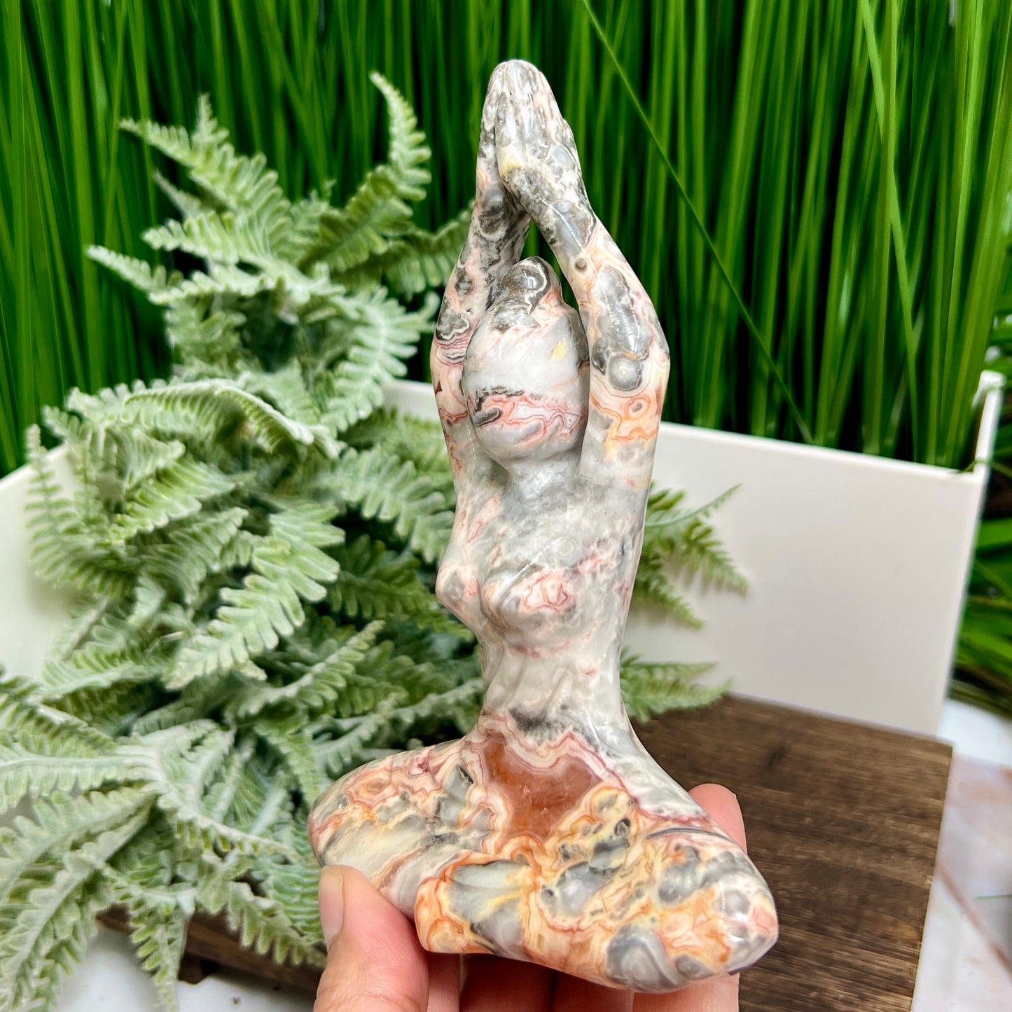 Crazy Lace Agate Yoga Lady Meditation Healing Crystal Carving 328g