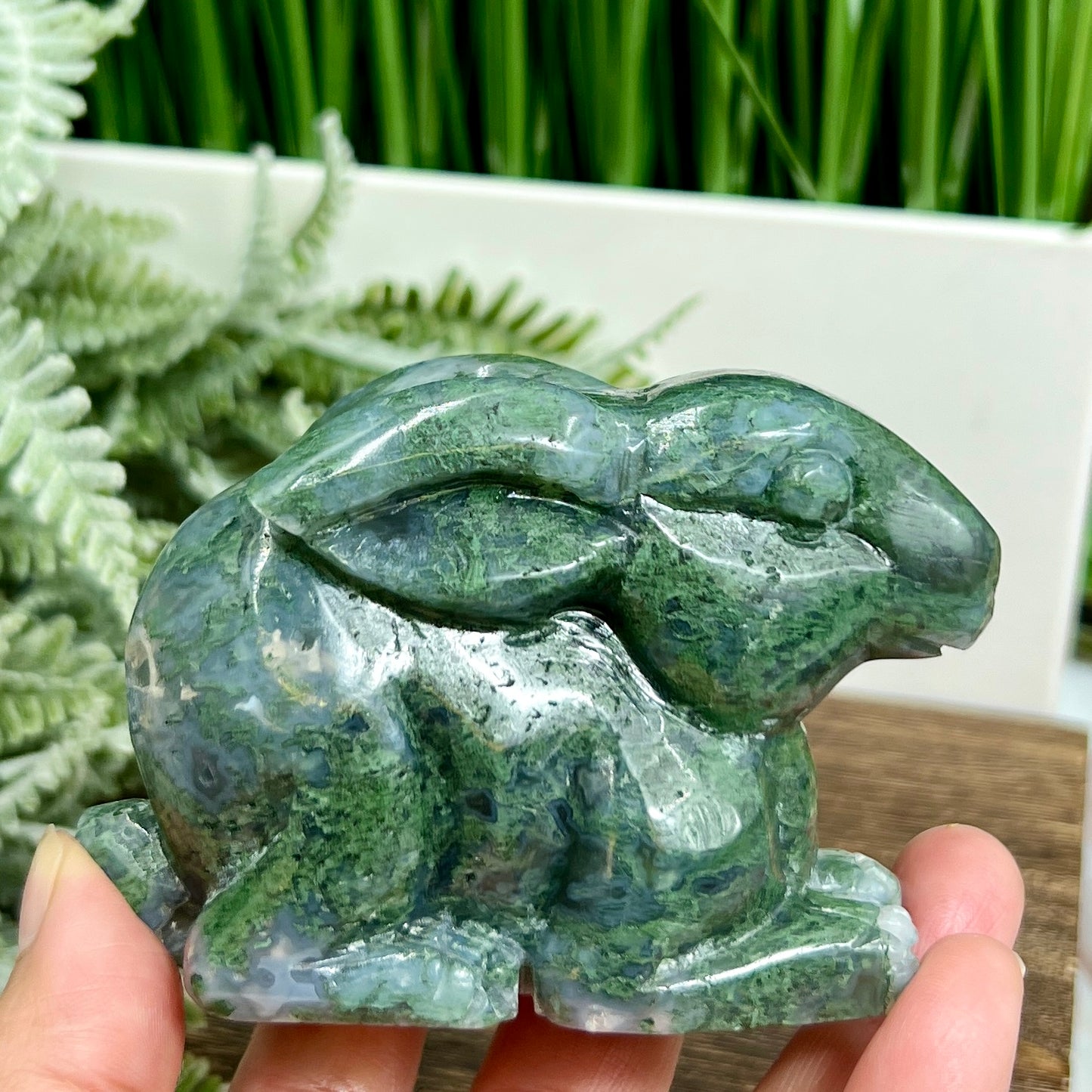 Moss Agate Bunny Rabbit Healing Crystal Animal Carving 324g