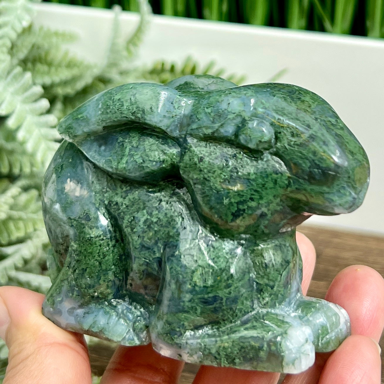 Moss Agate Bunny Rabbit Healing Crystal Animal Carving 324g