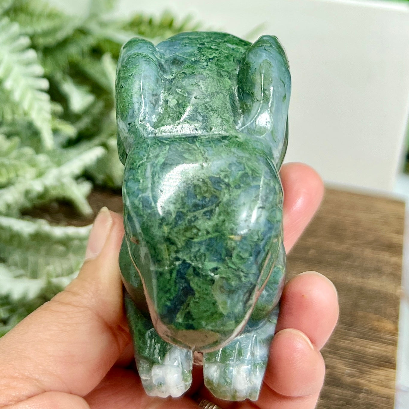 Moss Agate Bunny Rabbit Healing Crystal Animal Carving 324g