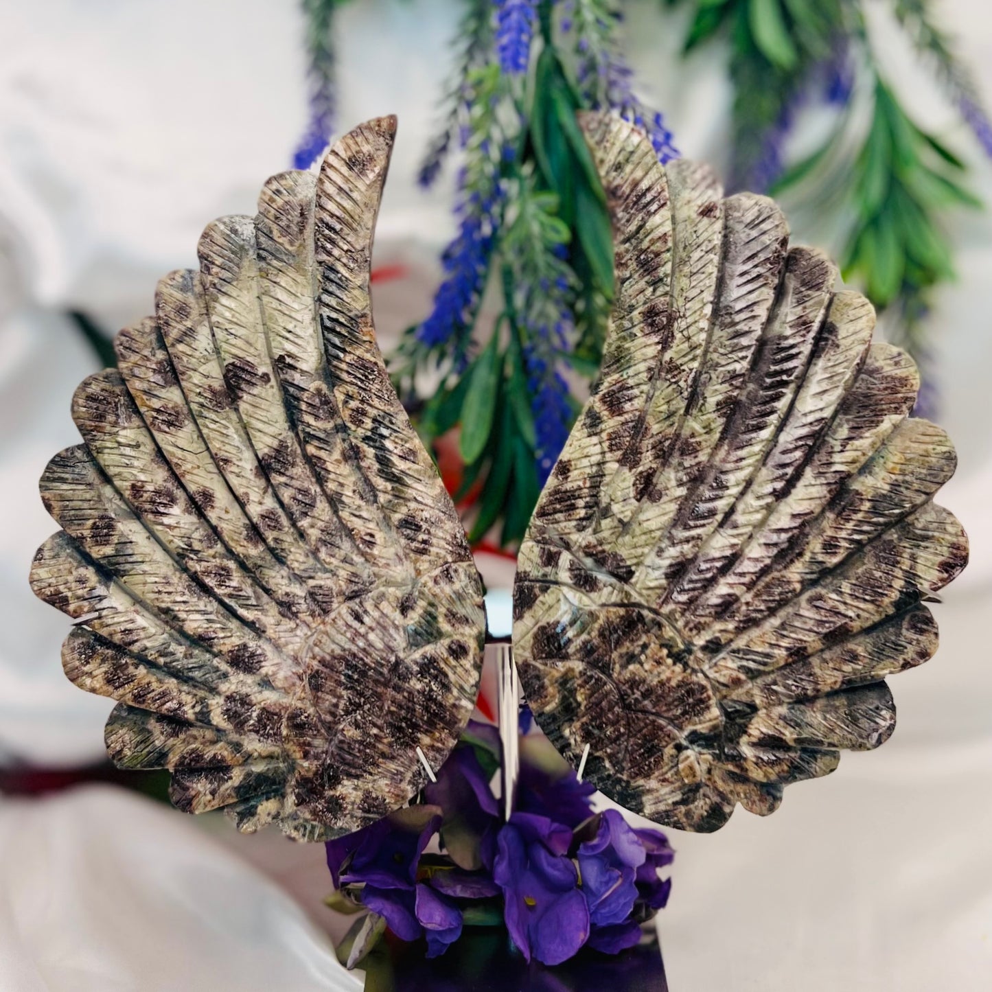 Russian Flower Cherry Blossom Jasper Angel Wings with Stand Rare Crystal Carving