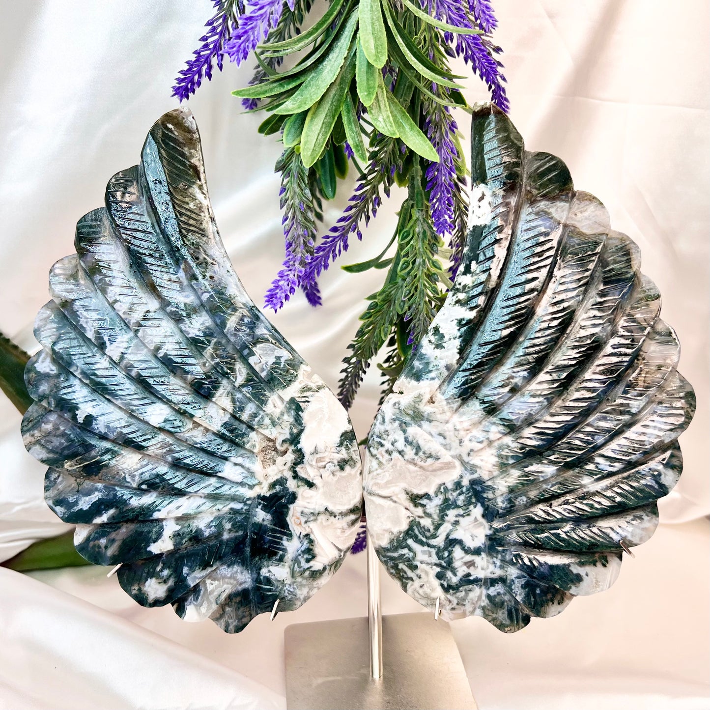 Moss Agate Angel Wings with Stand Crystal Carving Australian Seller