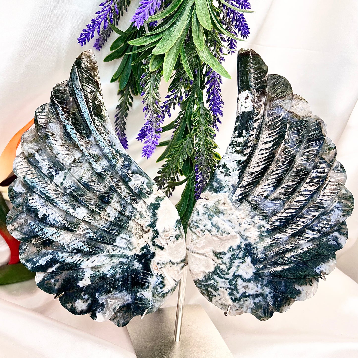 Moss Agate Angel Wings with Stand Crystal Carving Australian Seller