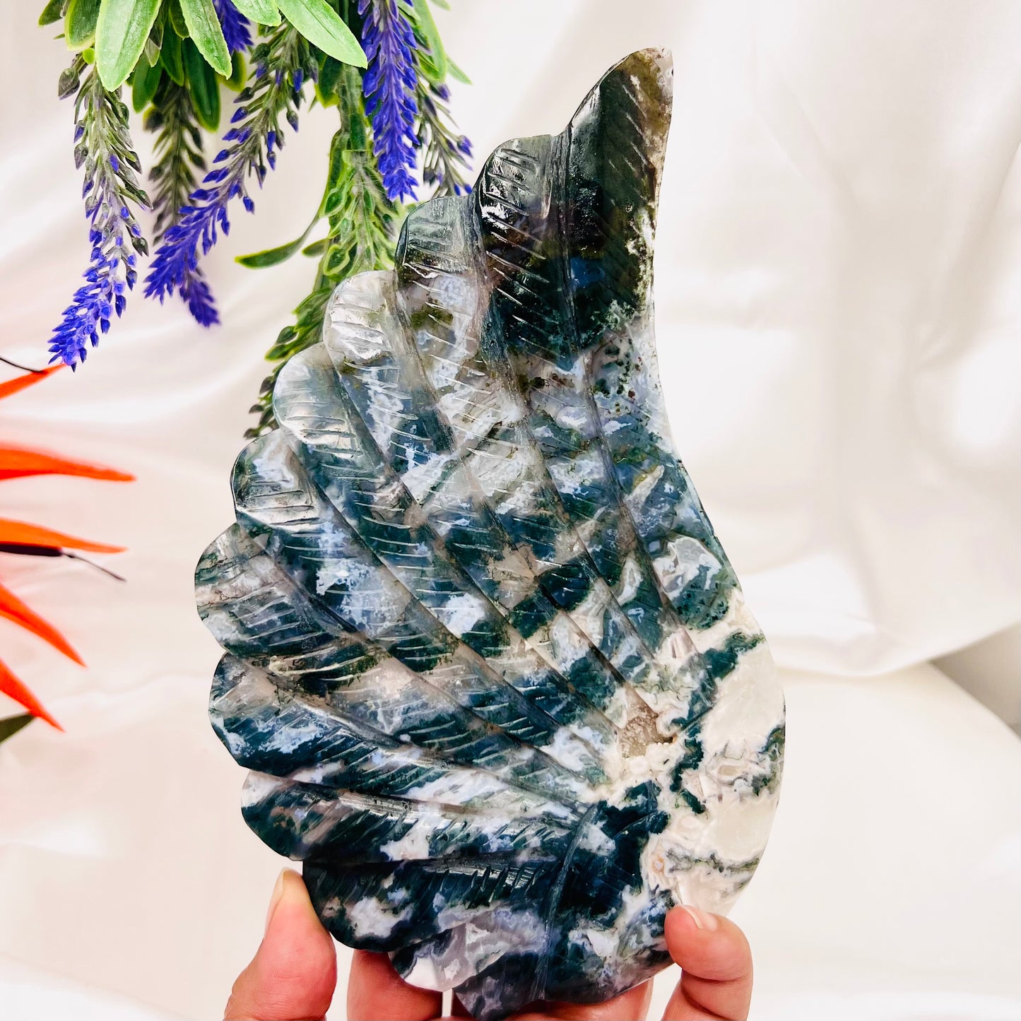 Moss Agate Angel Wings with Stand Crystal Carving Australian Seller