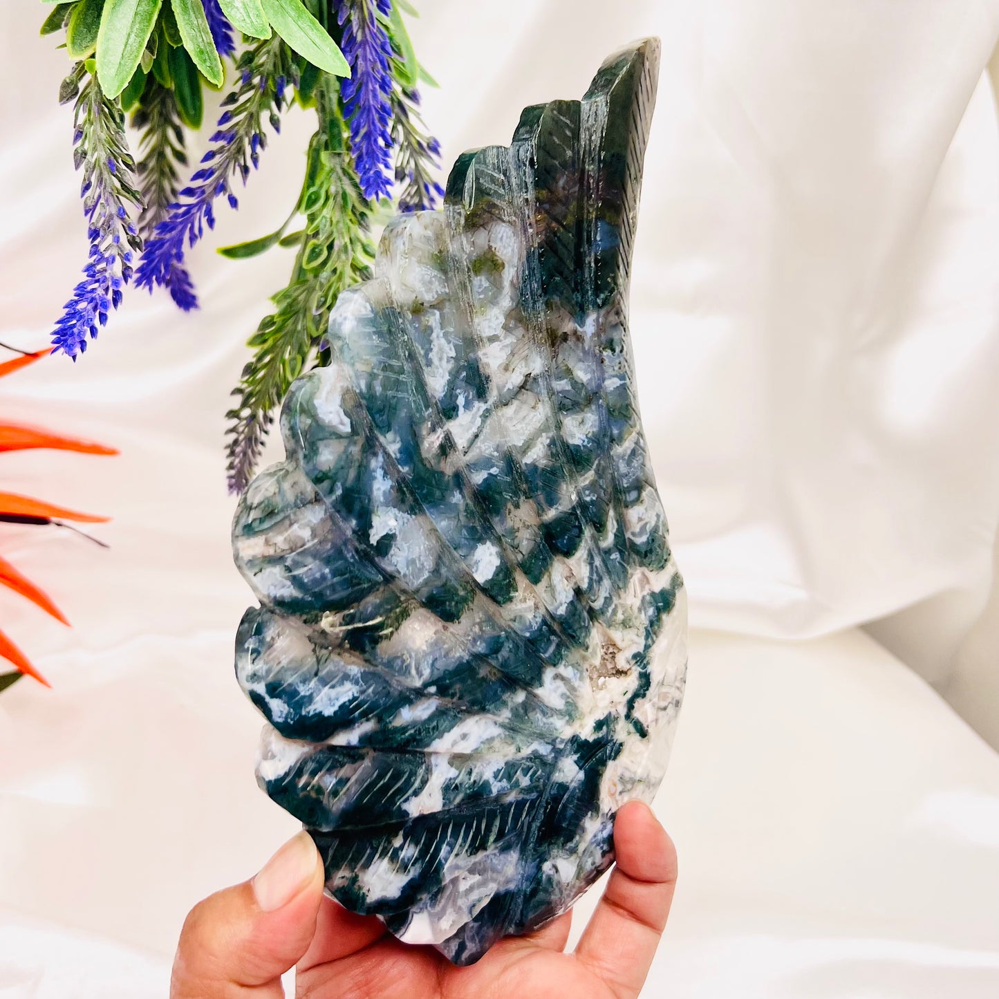 Moss Agate Angel Wings with Stand Crystal Carving Australian Seller