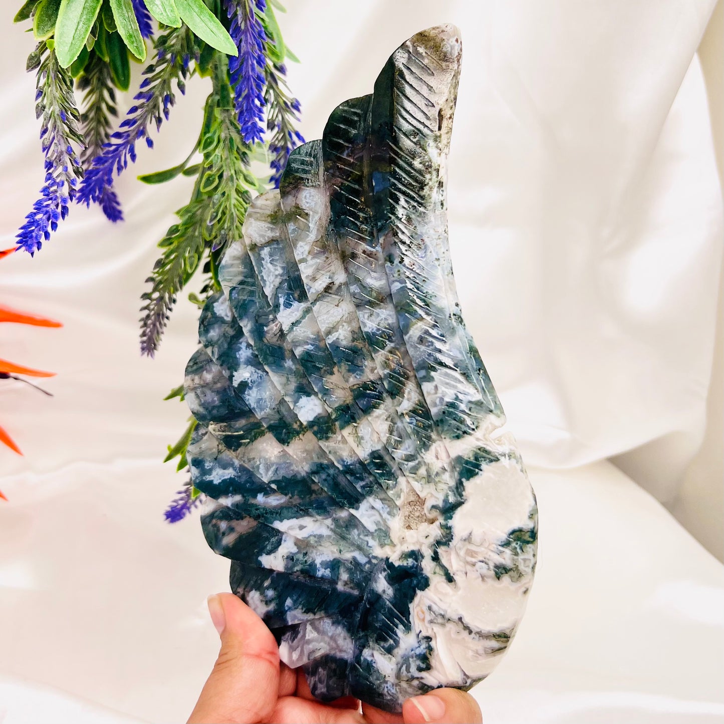 Moss Agate Angel Wings with Stand Crystal Carving Australian Seller