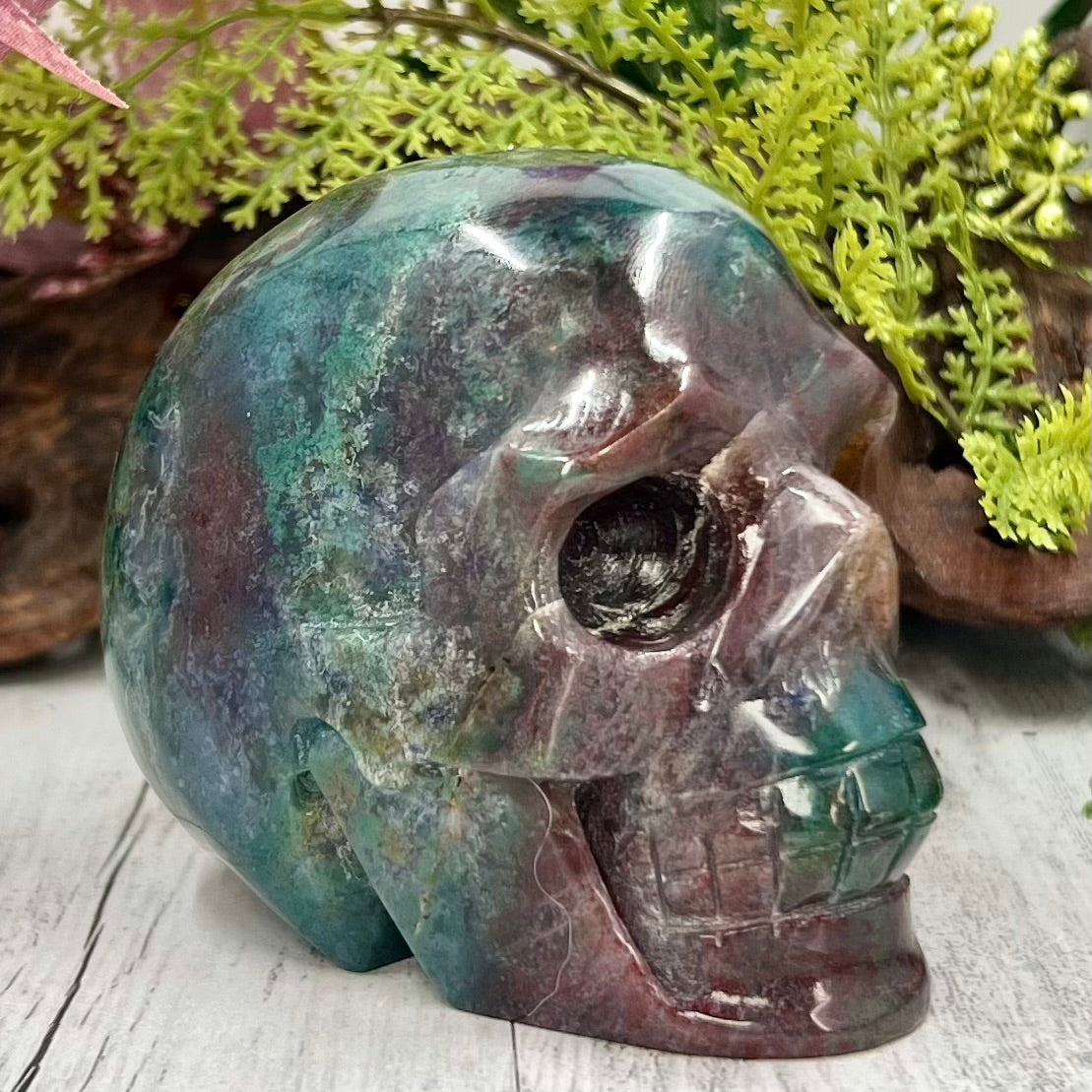 Ocean Sea Jasper with Moss Agate Skull Crystal Skull Carving Australian Seller