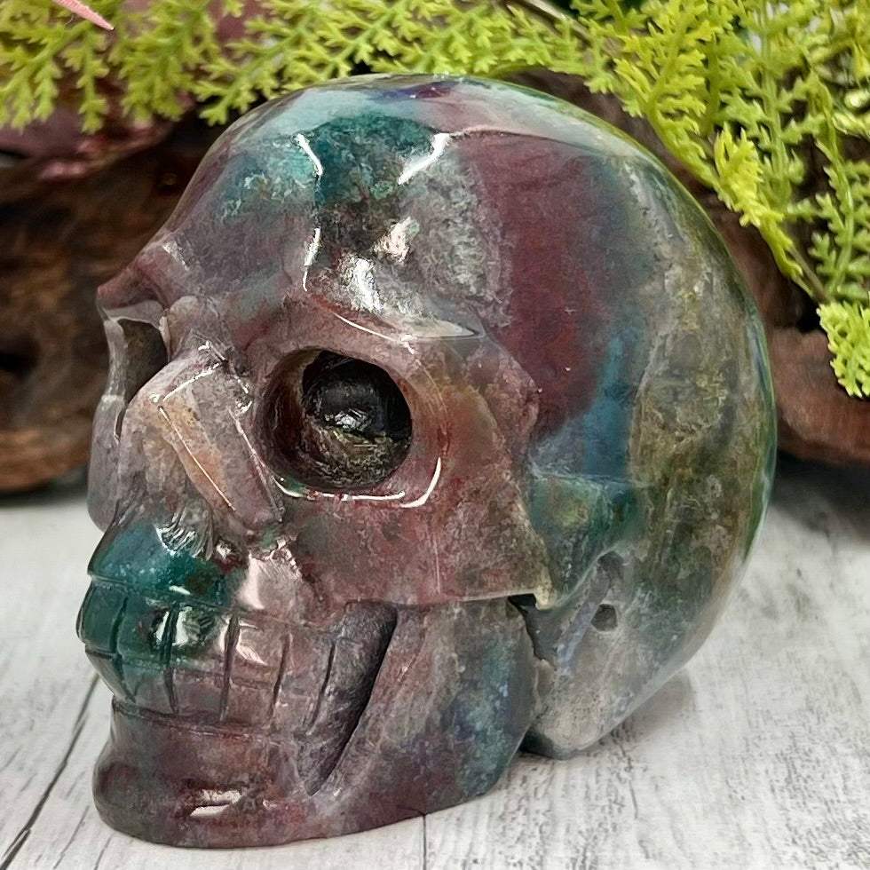 Ocean Sea Jasper with Moss Agate Skull Crystal Skull Carving Australian Seller