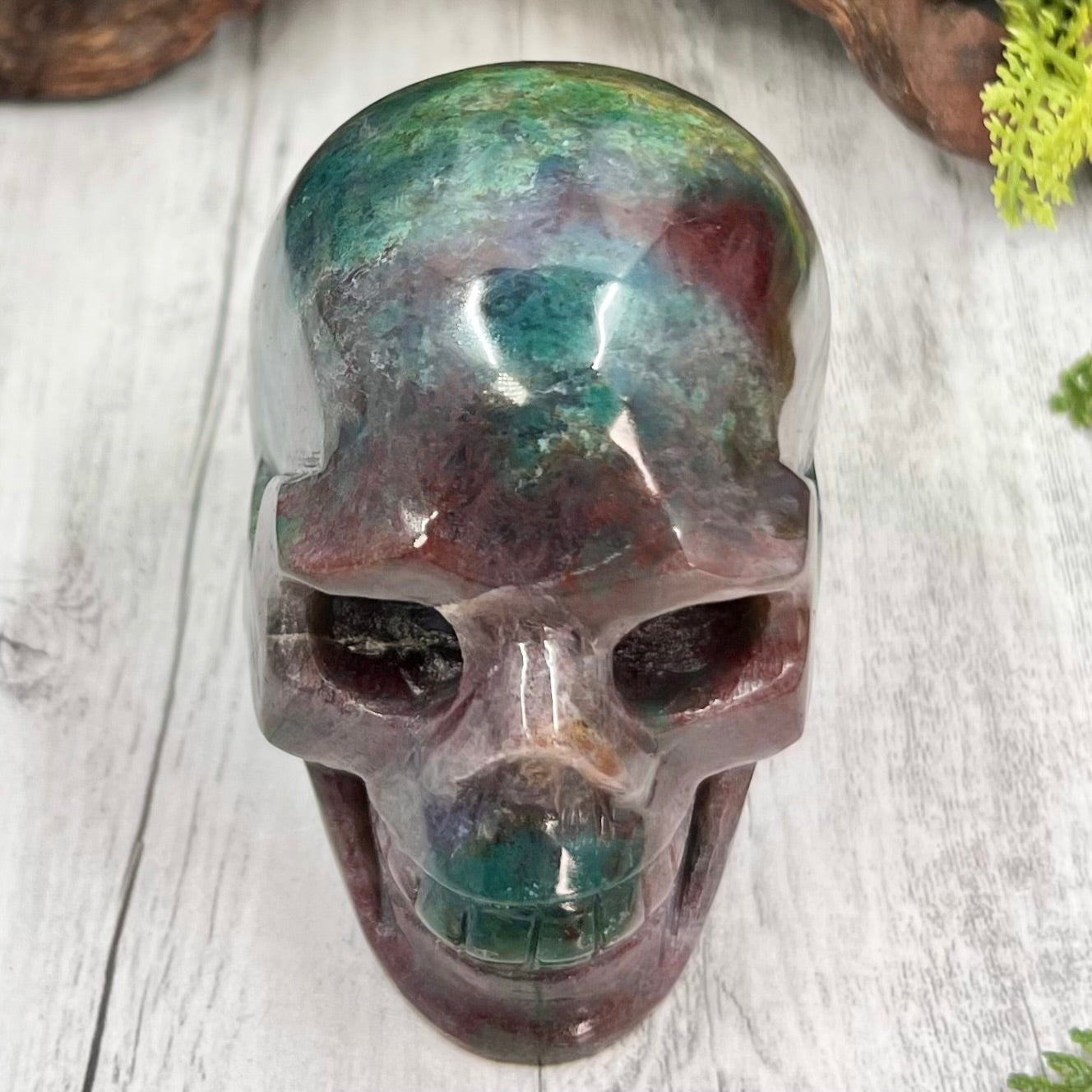 Ocean Sea Jasper with Moss Agate Skull Crystal Skull Carving Australian Seller