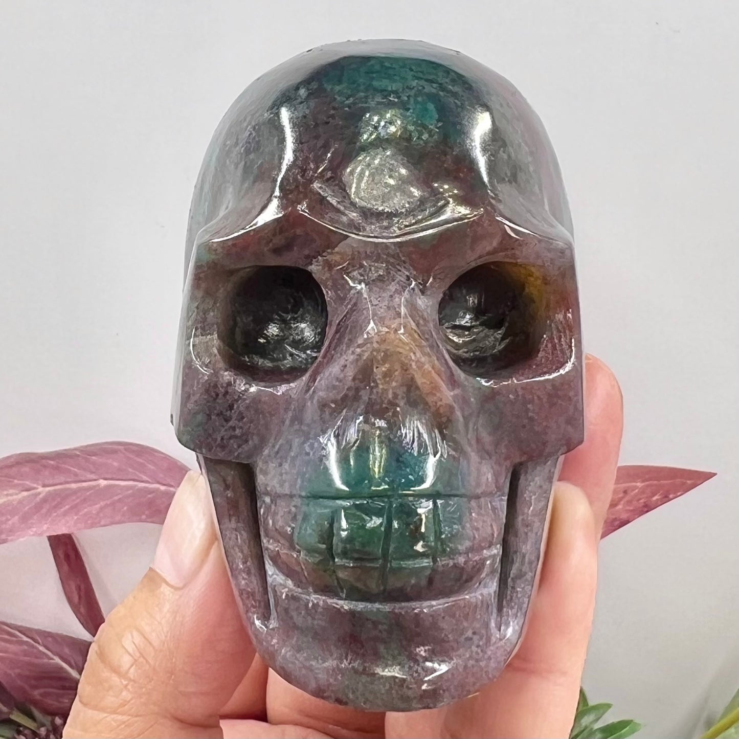 Ocean Sea Jasper with Moss Agate Skull Crystal Skull Carving Australian Seller