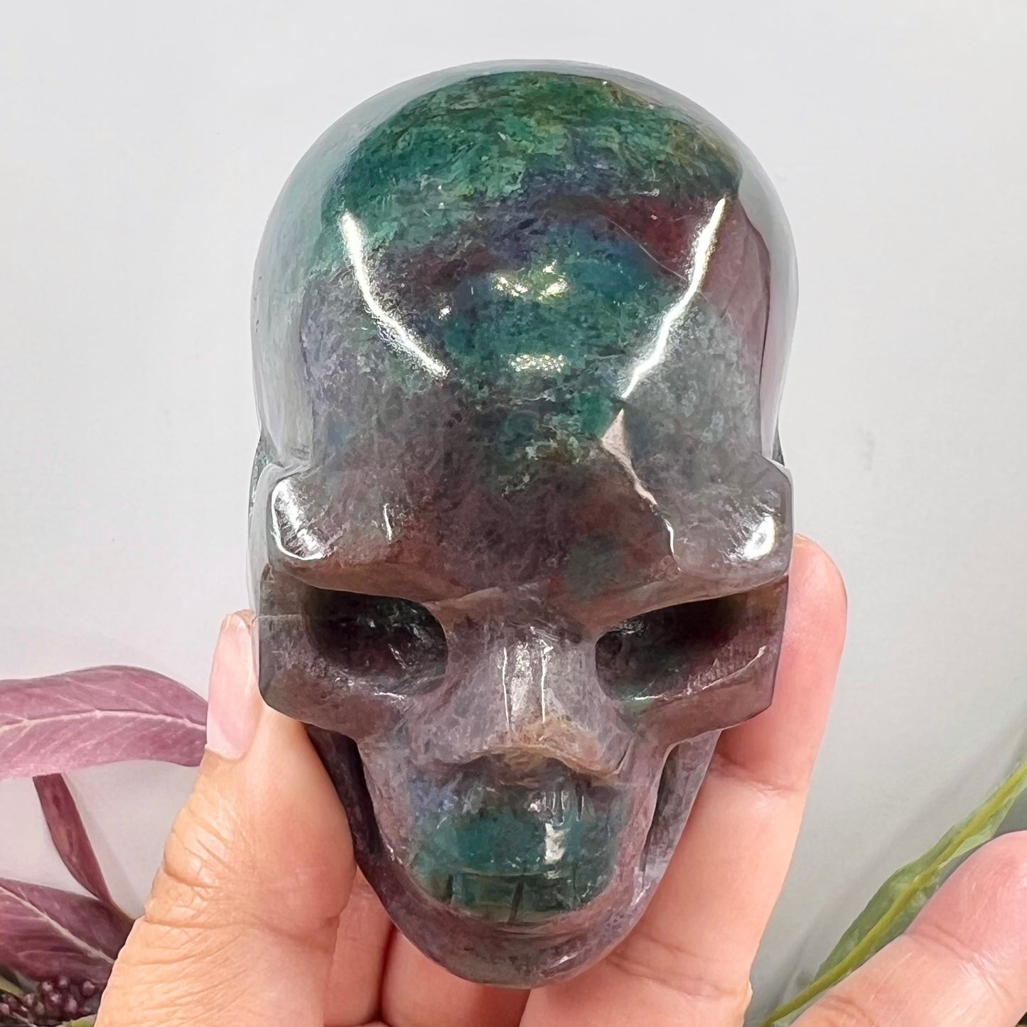 Ocean Sea Jasper with Moss Agate Skull Crystal Skull Carving Australian Seller