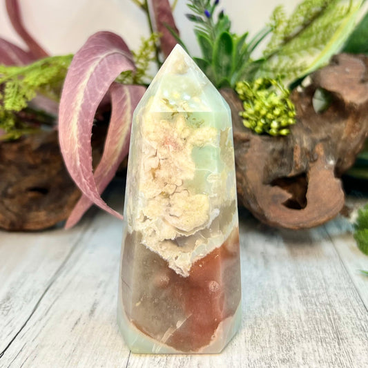 Green Flower Agate Sakura with Red Chalcedony Rare Tower Crystal Generator