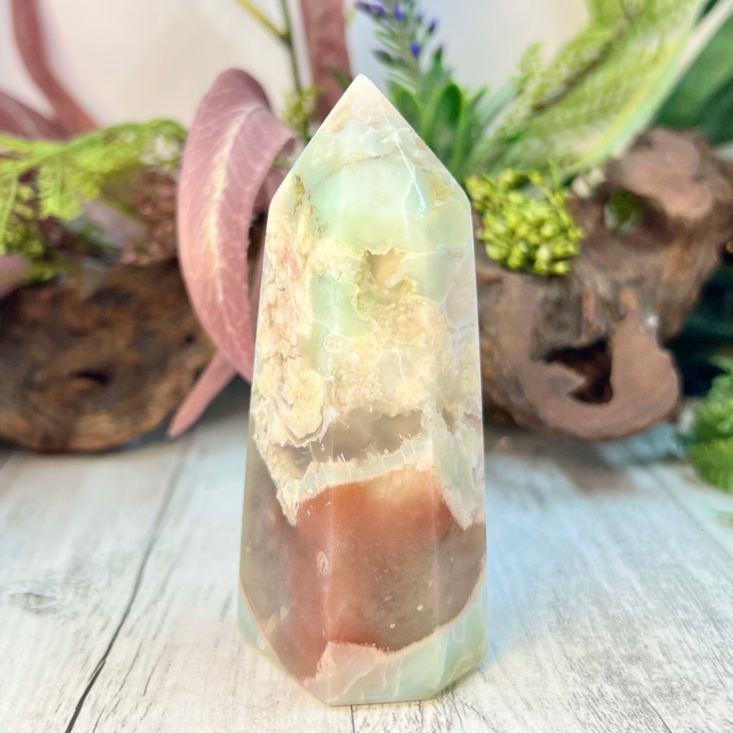 Green Flower Agate Sakura with Red Chalcedony Rare Tower Crystal Generator