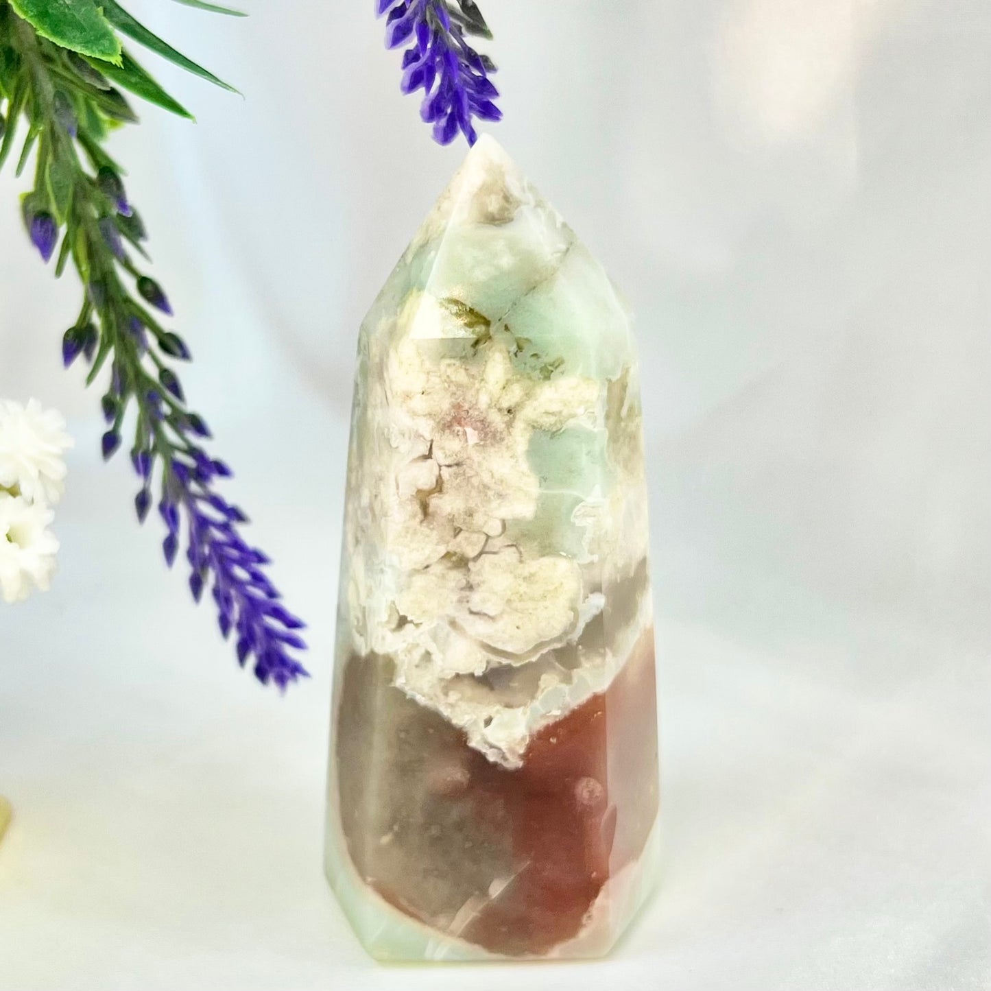 Green Flower Agate Sakura with Red Chalcedony Rare Tower Crystal Generator