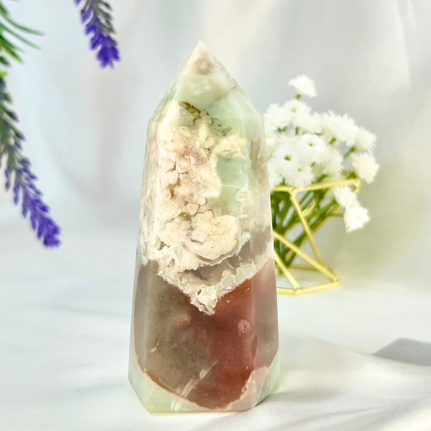 Green Flower Agate Sakura with Red Chalcedony Rare Tower Crystal Generator