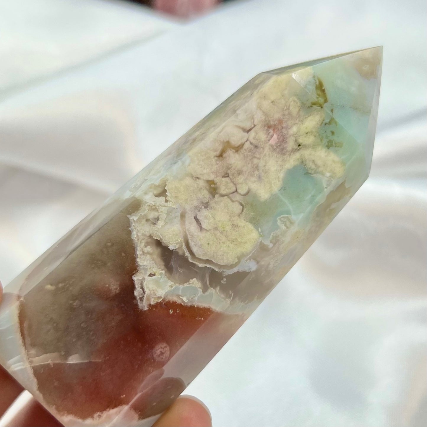 Green Flower Agate Sakura with Red Chalcedony Rare Tower Crystal Generator