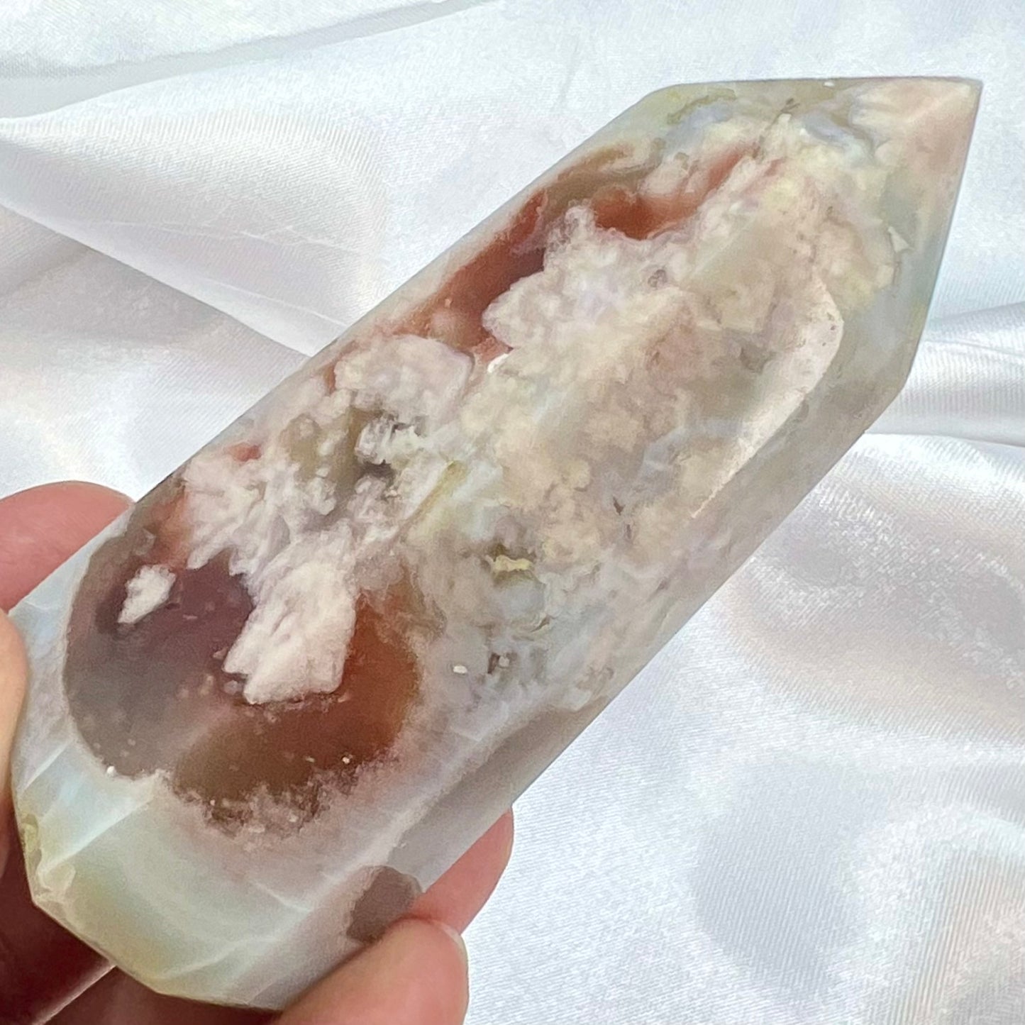 Green Flower Agate Sakura with Red Chalcedony Rare Tower Crystal Generator