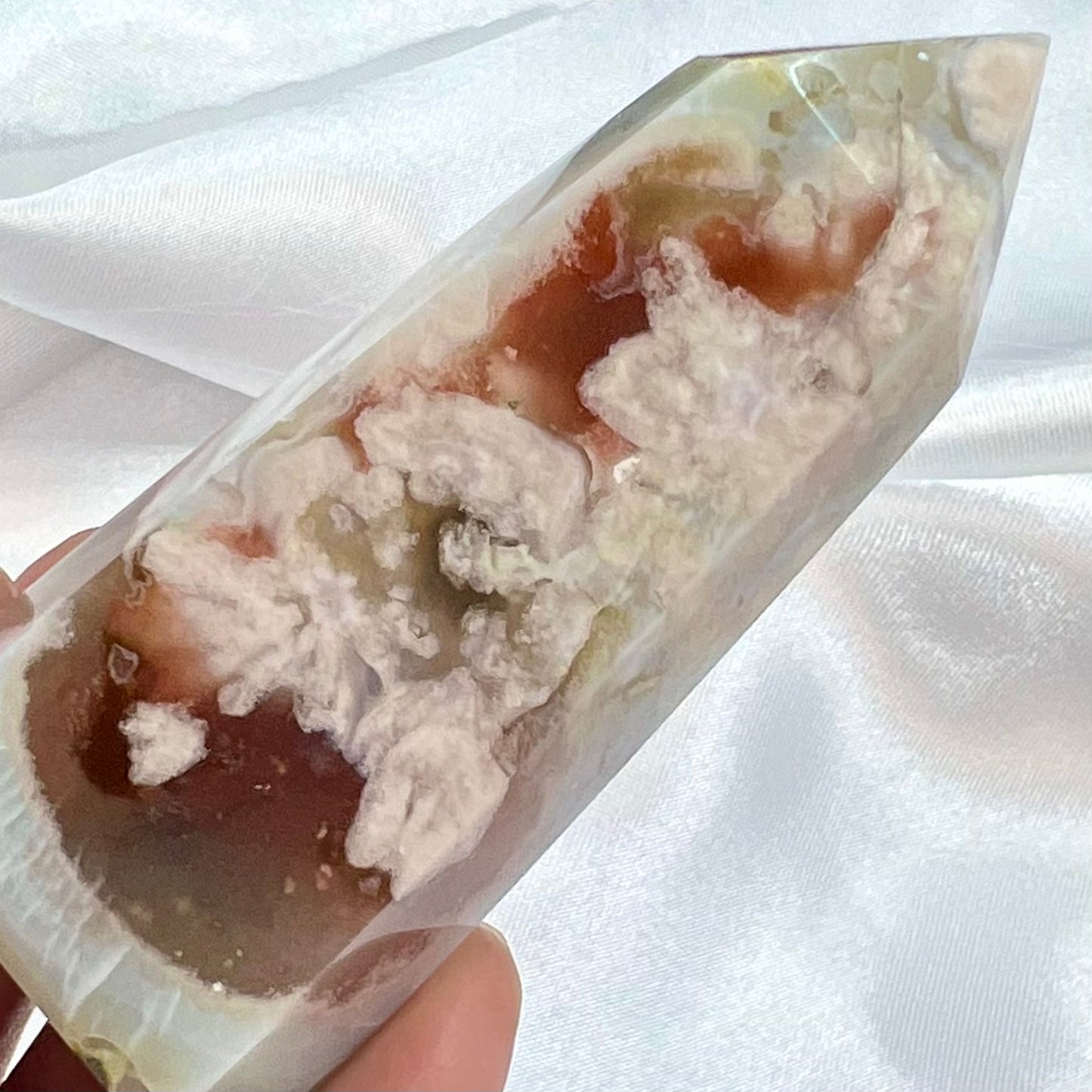 Green Flower Agate Sakura with Red Chalcedony Rare Tower Crystal Generator