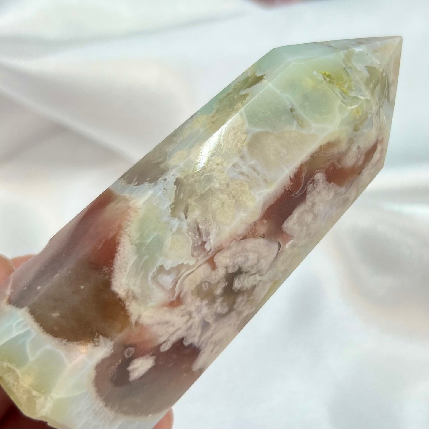 Green Flower Agate Sakura with Red Chalcedony Rare Tower Crystal Generator