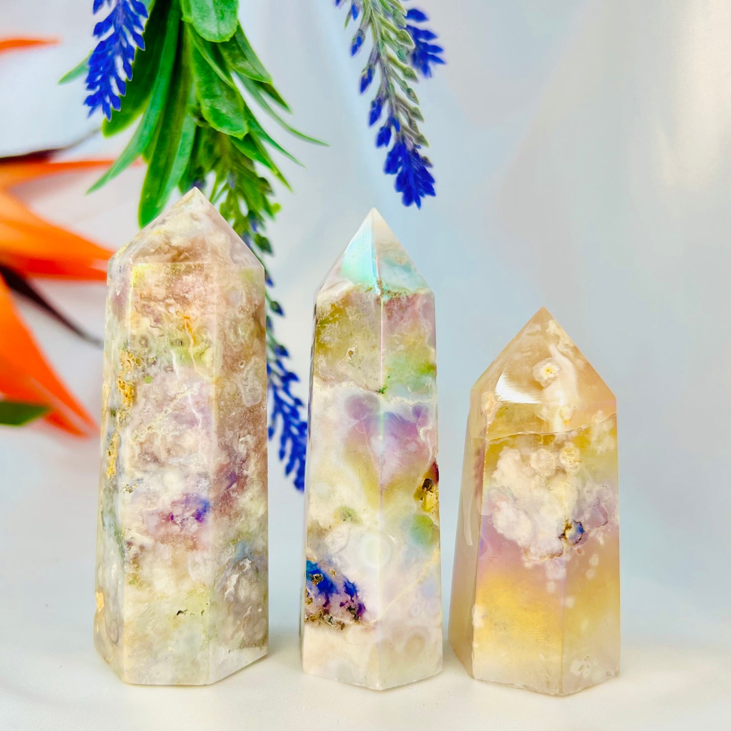 Flower Agate Points Coated in Angel Aura Crystal Generator