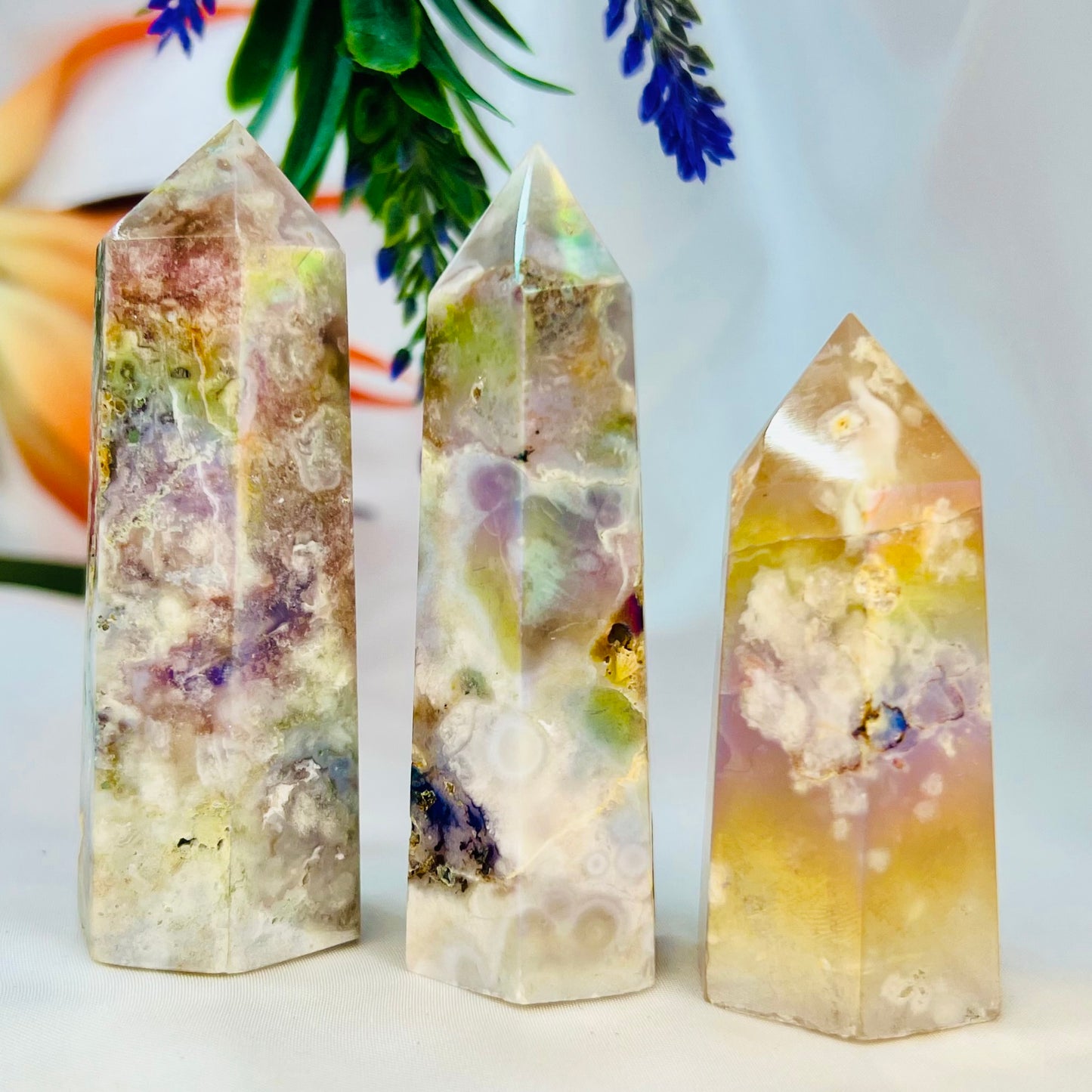 Flower Agate Points Coated in Angel Aura Crystal Generator