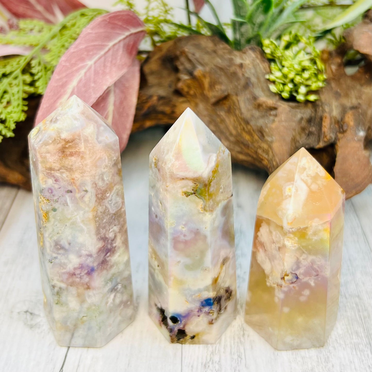 Flower Agate Points Coated in Angel Aura Crystal Generator