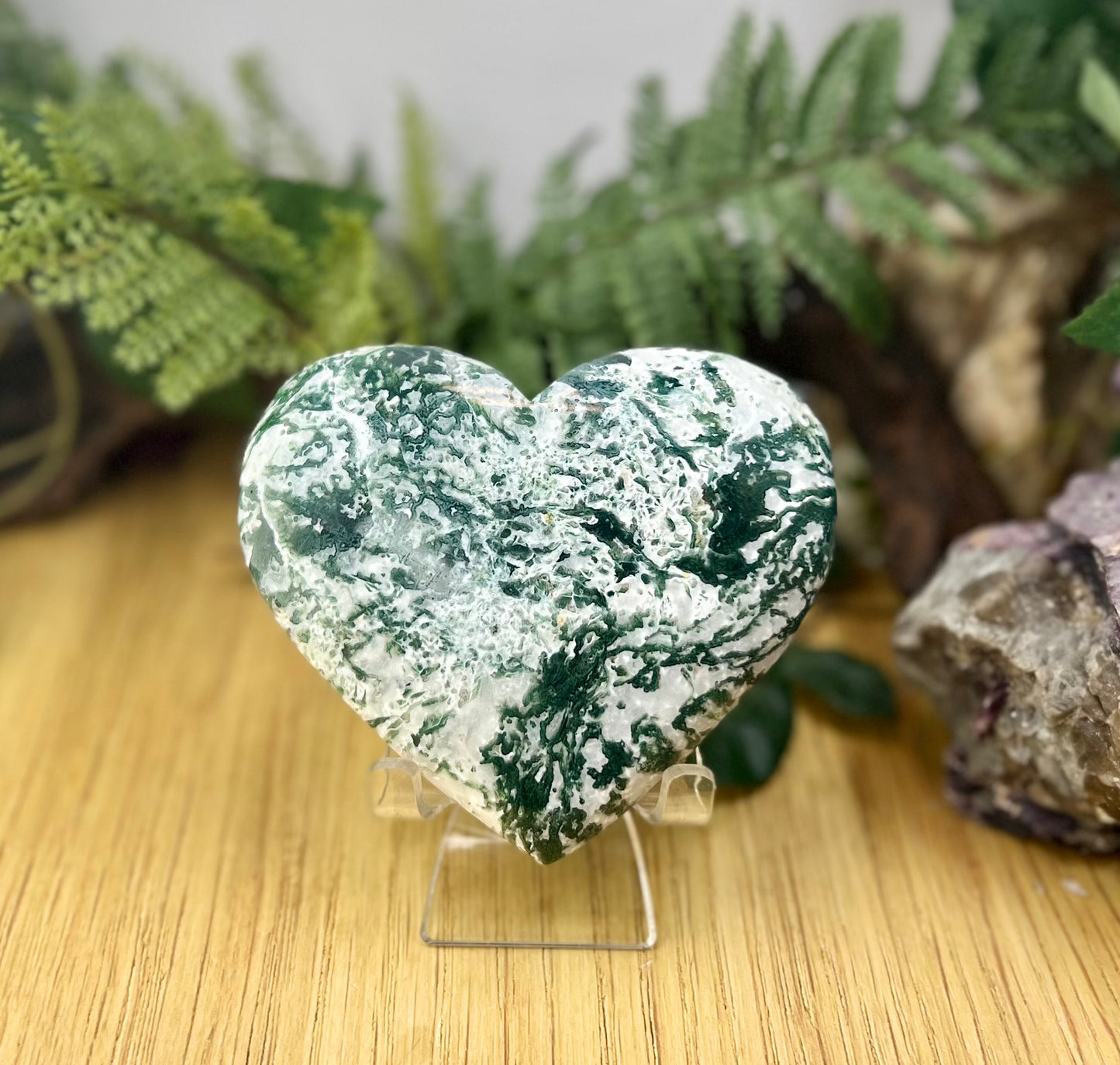 Large Moss Agate Heart Crystal Carving Australian Seller