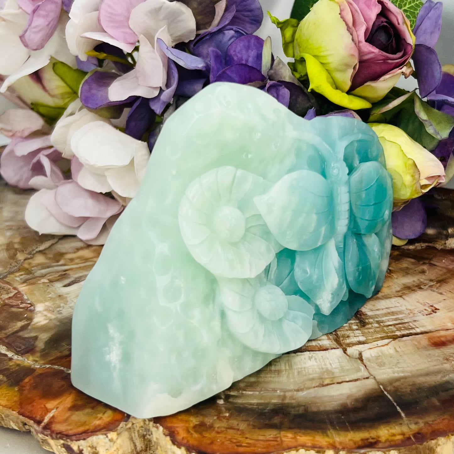 Peruvian Blue Opal Butterfly Flowers Crystal Carving Australian Seller