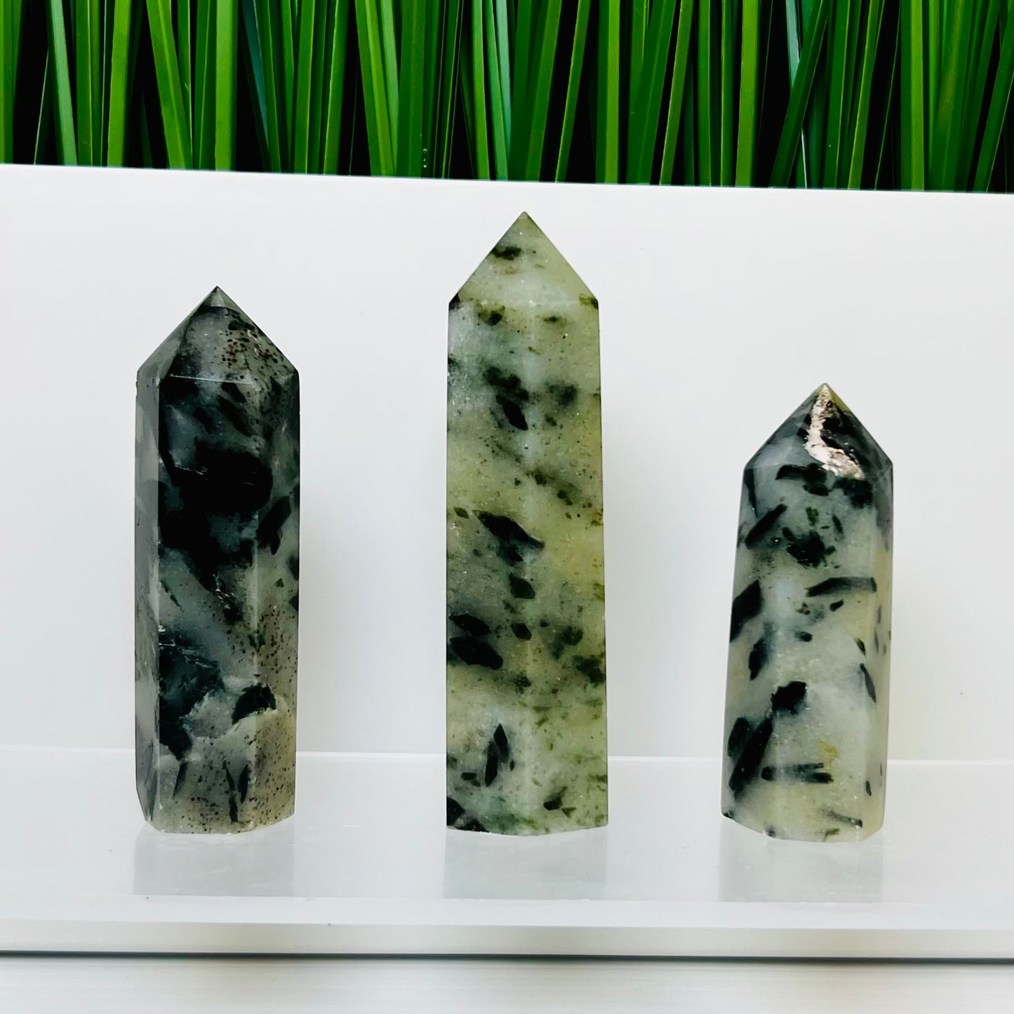 Green Tourmaline in Quartz Points Towers Crystal Generators