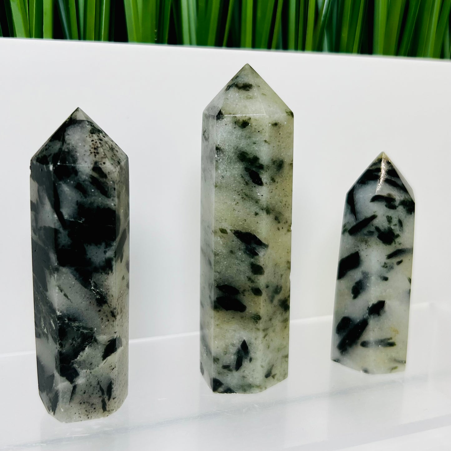 Green Tourmaline in Quartz Points Towers Crystal Generators